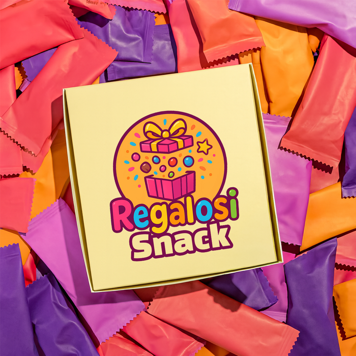 Scatola Regalo con Snack circondata da buste colorate